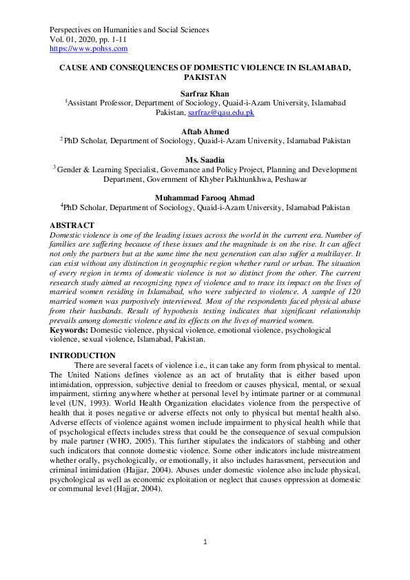 (PDF) CAUSE AND CONSEQUENCES OF DOMESTIC VIOLENCE IN ISLAMABAD, PAKISTAN