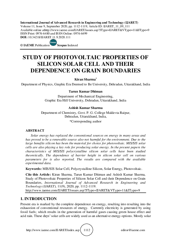 (PDF) STUDY OF PHOTOVOLTAIC PROPERTIES OF SILICON SOLAR CELL AND THEIR ...