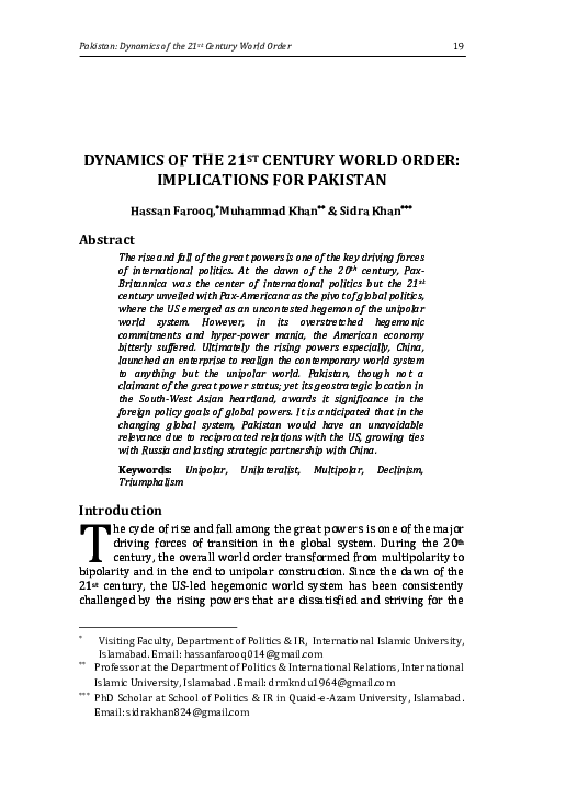DYNAMICS OF THE 21 ST CENTURY WORLD ORDER: IMPLICATIONS FOR PAKISTAN