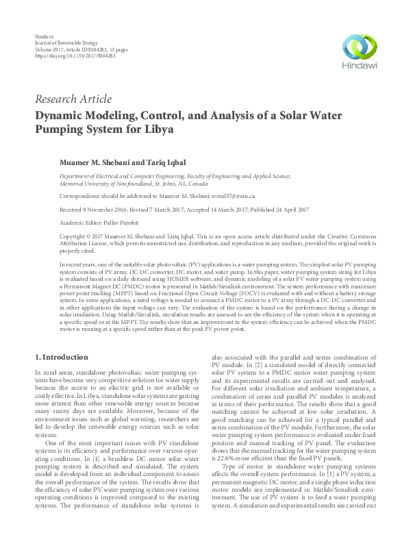 (PDF) Dynamic Modeling, Control, and Analysis of a Solar Water Pumping ...