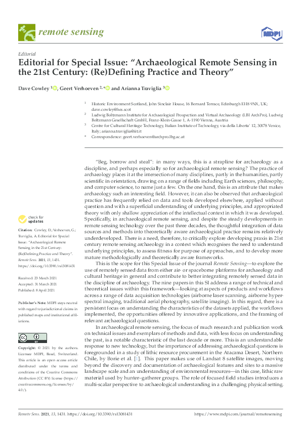 (PDF) Editorial for Special Issue: "Archaeological Remote Sensing in ...