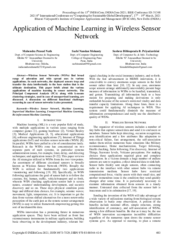 (PDF) Application of Machine Learning in Wireless Sensor Network