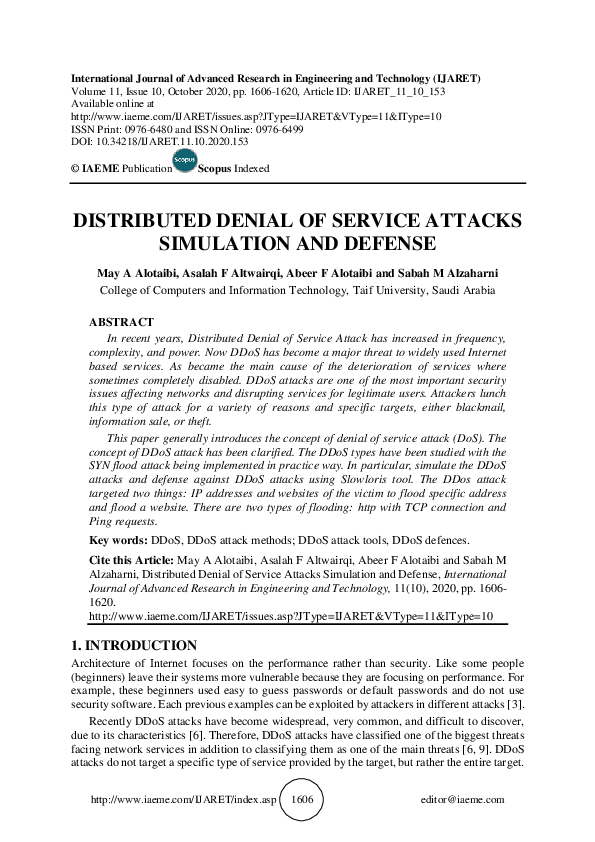 (PDF) DISTRIBUTED DENIAL OF SERVICE ATTACKS SIMULATION AND DEFENSE