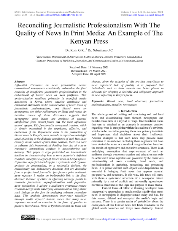 (PDF) Reconciling Journalistic Professionalism With The Quality of News ...