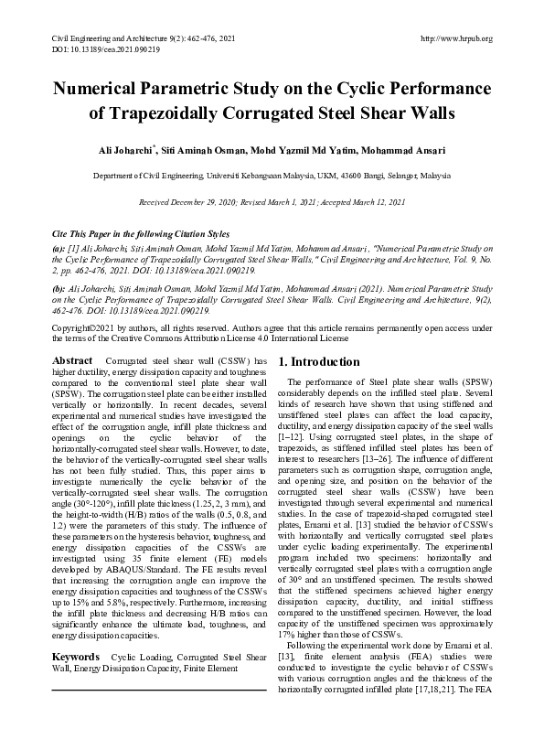 (PDF) Numerical Parametric Study on the Cyclic Performance of ...