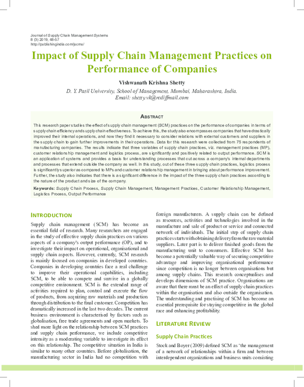 (PDF) Impact of Supply Chain Management Practices on Performance of ...