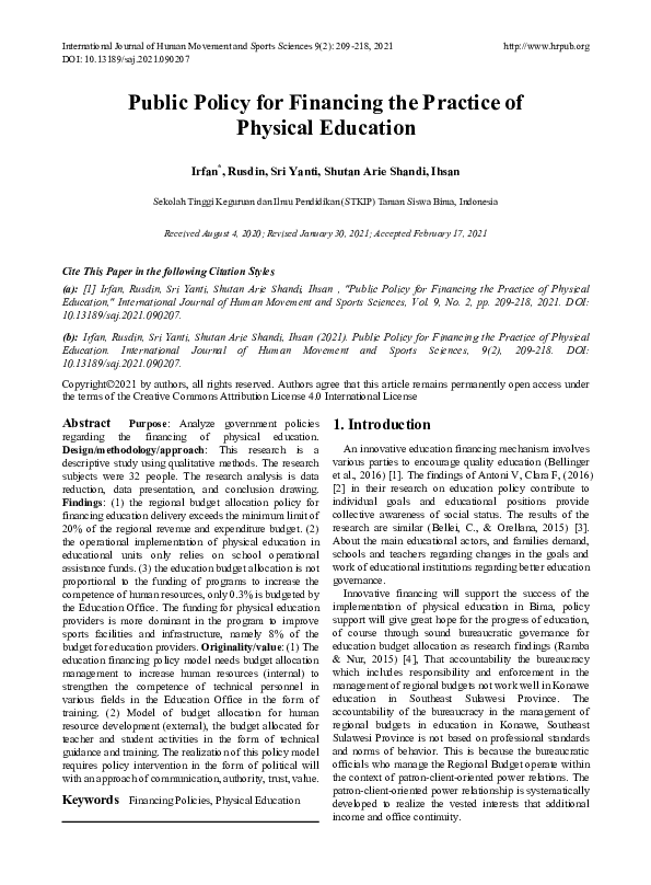 (PDF) Public Policy for Financing the Practice of Physical Education