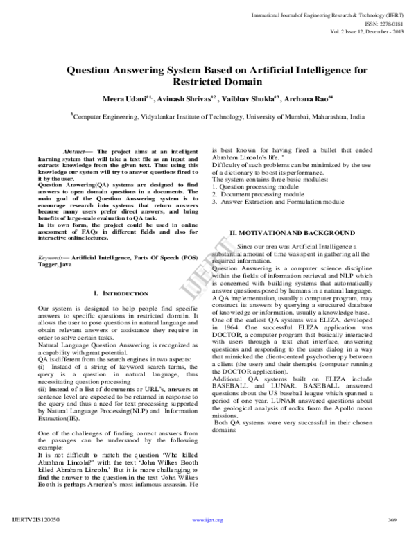 (PDF) IJERT-Question Answering System Based on Artificial Intelligence ...