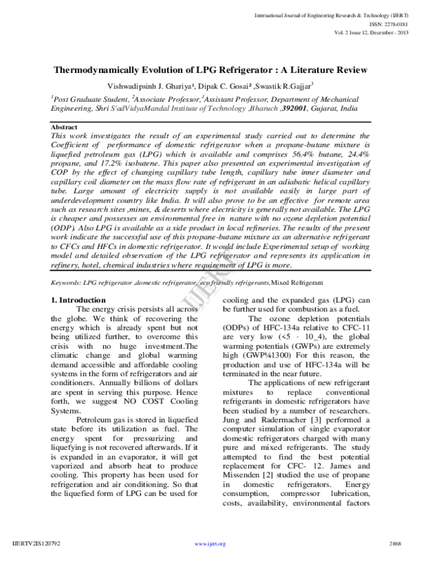 (PDF) IJERTThermodynamically Evolution of LPG Refrigerator A