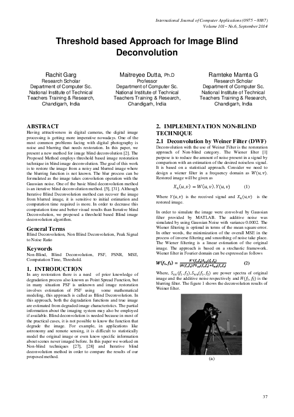 (PDF) Threshold based Approach for Image Blind Deconvolution