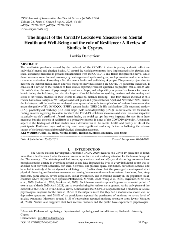 (PDF) The Impact of the Covid19 Lockdown Measures on Mental Health and ...