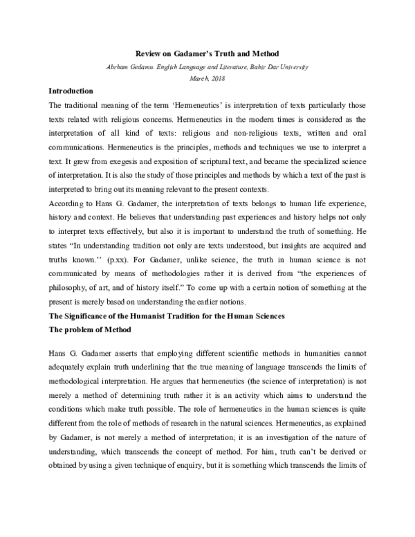 (PDF) Review on Gadamer's Truth and Method