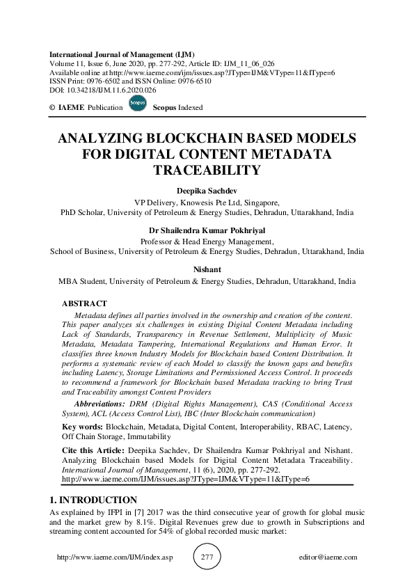 (PDF) ANALYZING BLOCKCHAIN BASED MODELS FOR DIGITAL CONTENT METADATA ...