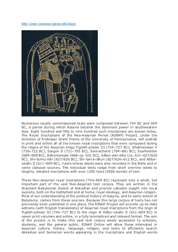 (PDF) Royal Inscriptions of the Neo-Assyrian Period (RINAP) Project
