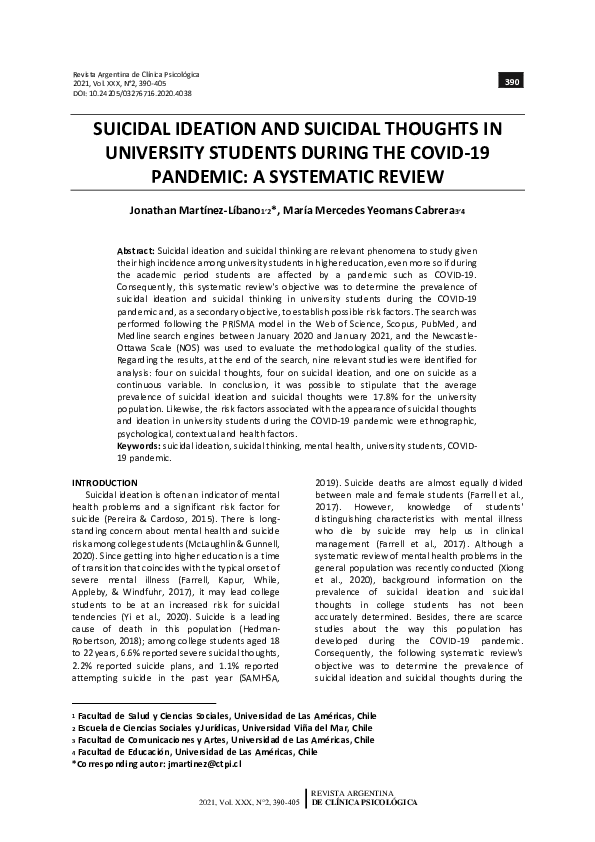(PDF) SUICIDAL IDEATION AND SUICIDAL THOUGHTS IN UNIVERSITY STUDENTS ...