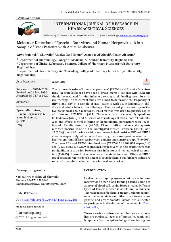(PDF) Molecular Detection of Epstein - Barr virus and Human Herpesvirus ...