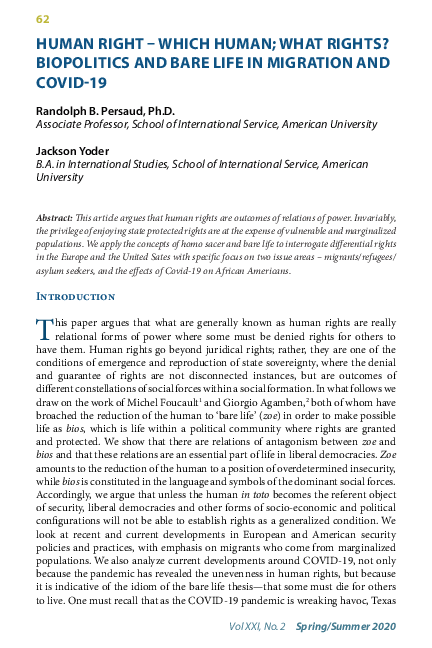 (PDF) HUMAN RIGHT -WHICH HUMAN; WHAT RIGHTS? BIOPOLITICS AND BARE LIFE ...