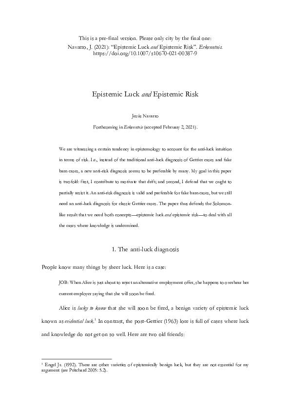 Pdf Epistemic Luck And Epistemic Risk