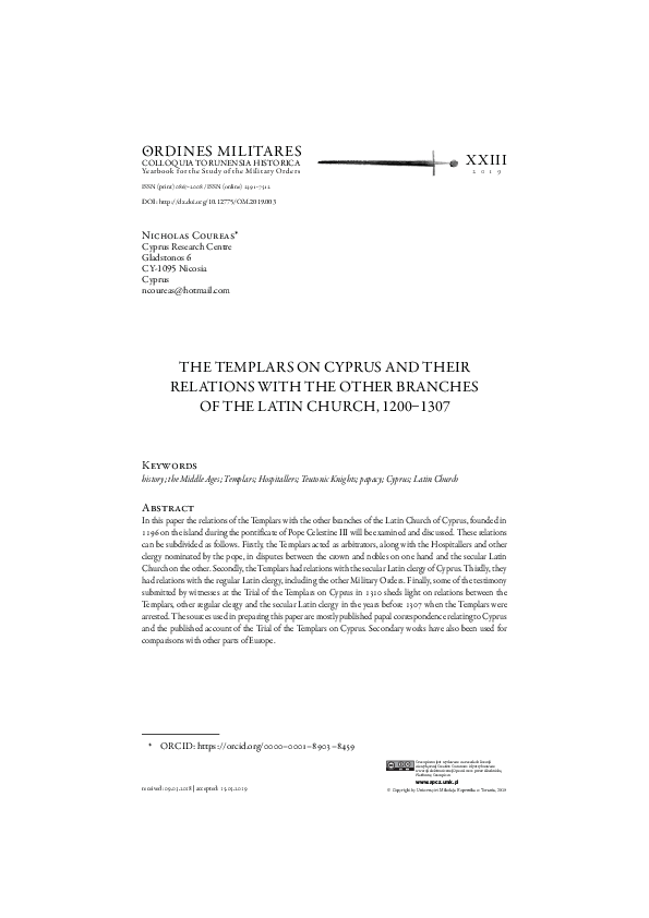 The Templars on Cyprus and their Relations with the other Branches of the Latin Church, 1200–1307