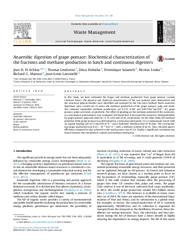 (PDF) Anaerobic digestion of grape pomace Biochemical characterization