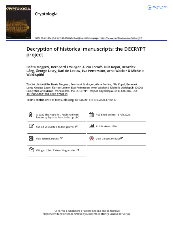 (PDF) Decryption of historical manuscripts: the DECRYPT project