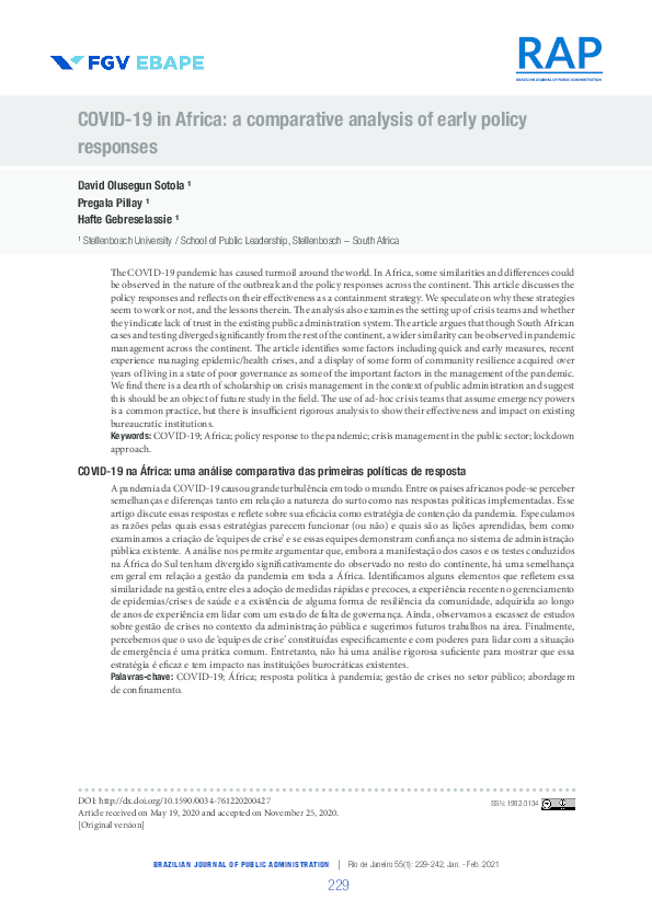 (PDF) COVID-19 in Africa: a comparative analysis of early policy responses