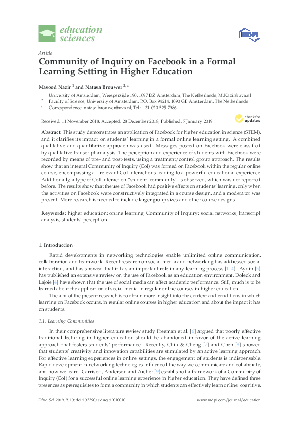 (PDF) Community of Inquiry on Facebook in a Formal Learning Setting in ...