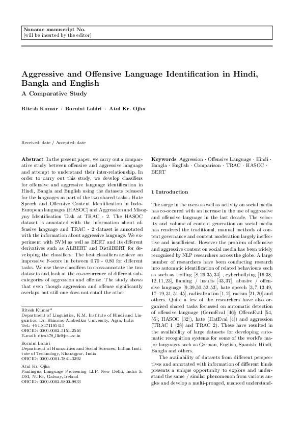 (PDF) Aggressive and Offensive Language Identification in Hindi, Bangla ...