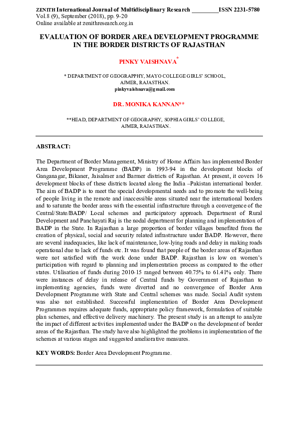 (PDF) EVALUATION OF BORDER AREA DEVELOPMENT PROGRAMME IN THE BORDER ...