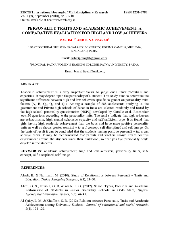 (PDF) PERSONALITY TRAITS AND ACADEMIC ACHIEVEMENT: A COMPARATIVE ...