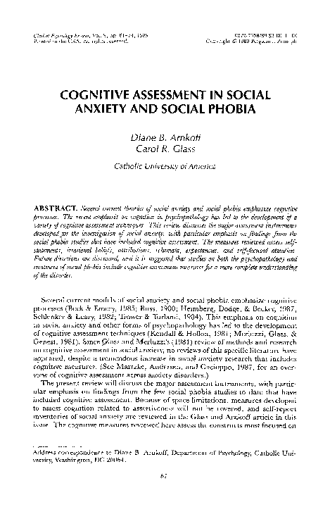 (PDF) Cognitive assessment in social anxiety and social phobia