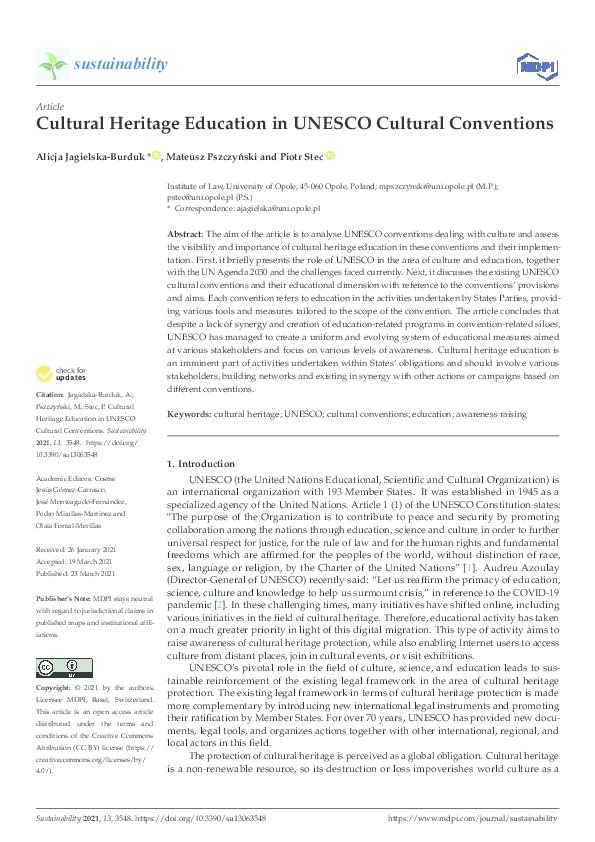 (PDF) Cultural Heritage Education in UNESCO Cultural Conventions