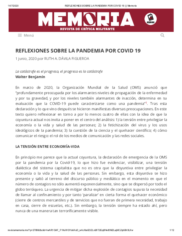 (PDF) REFLEXIONES SOBRE LA PANDEMIA POR COVID 19