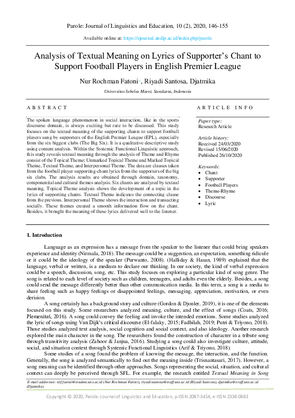 (PDF) Analysis of Textual Meaning on Lyrics of Supporter's Chant to ...