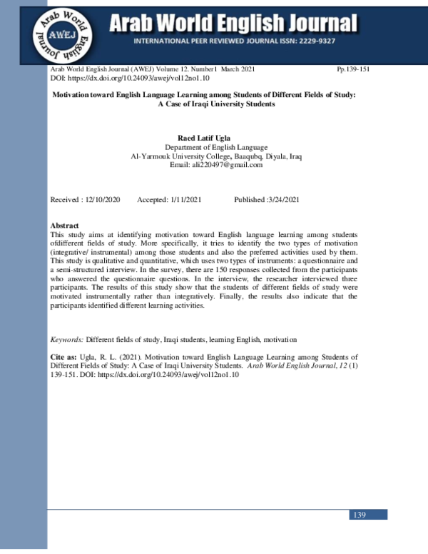 (PDF) Motivation toward English Language Learning among Students of ...