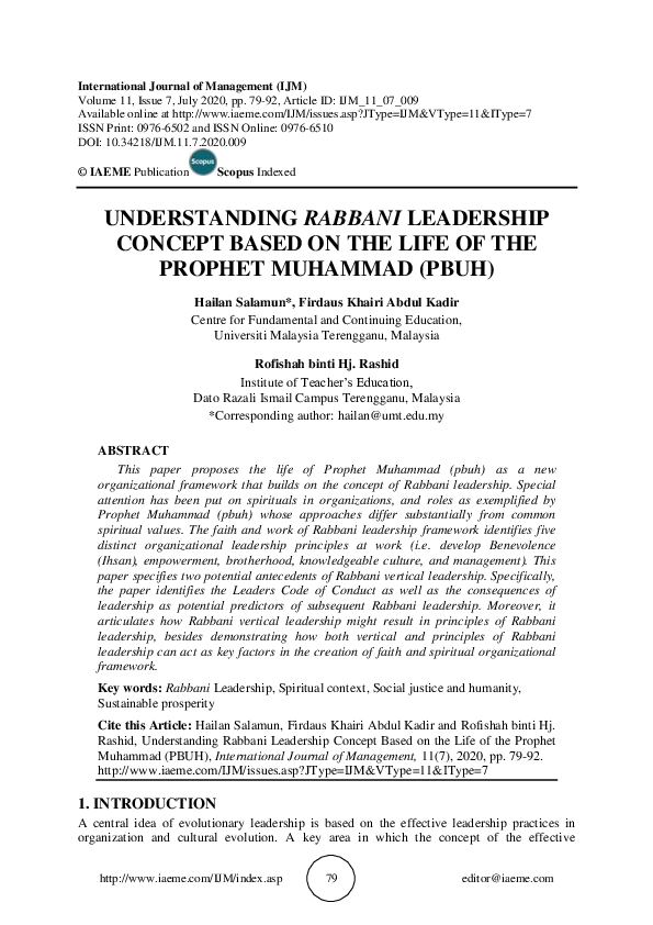 (PDF) UNDERSTANDING RABBANI LEADERSHIP CONCEPT BASED ON THE LIFE OF THE ...