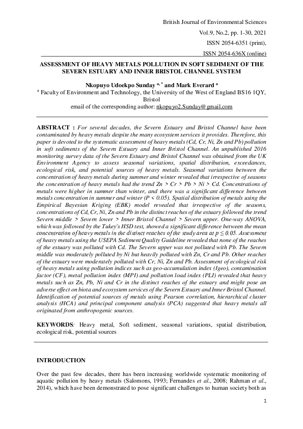 (PDF) ASSESSMENT OF HEAVY METALS POLLUTION IN SOFT SEDIMENT OF THE ...
