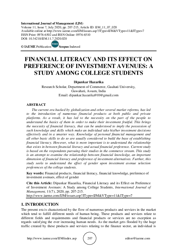 (PDF) FINANCIAL LITERACY AND ITS EFFECT ON PREFERENCE OF INVESTMENT ...