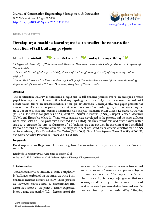 (PDF) Developing a machine learning model to predict the construction ...