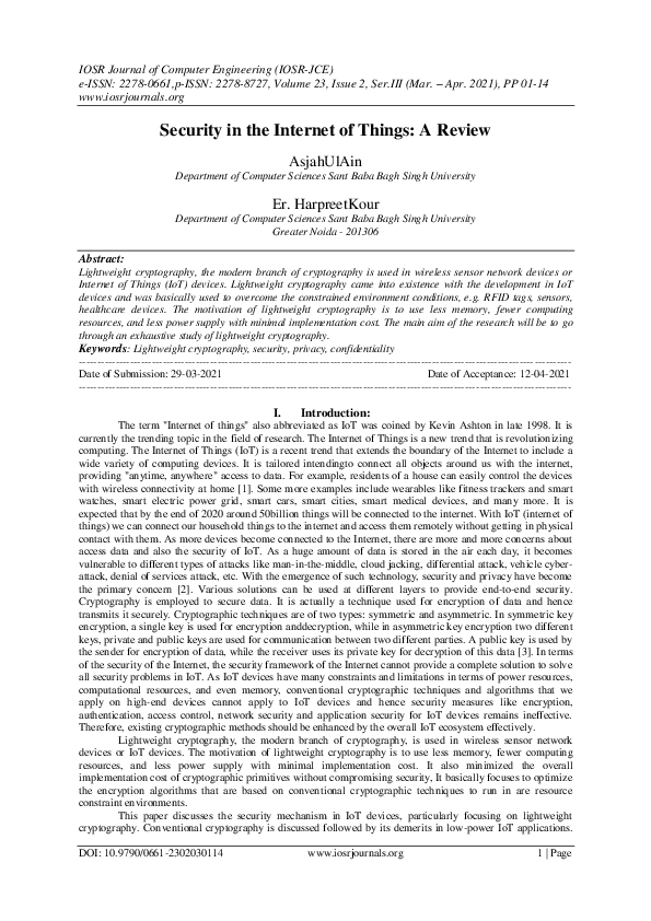 (PDF) Security in the Internet of Things: A Review