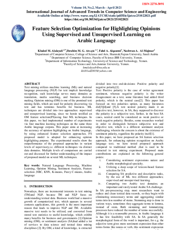 (PDF) Feature Selection Optimization for Highlighting Opinions Using ...