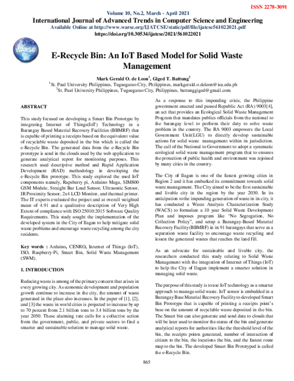 (PDF) E-Recycle Bin: An IoT Based Model for Solid Waste Management