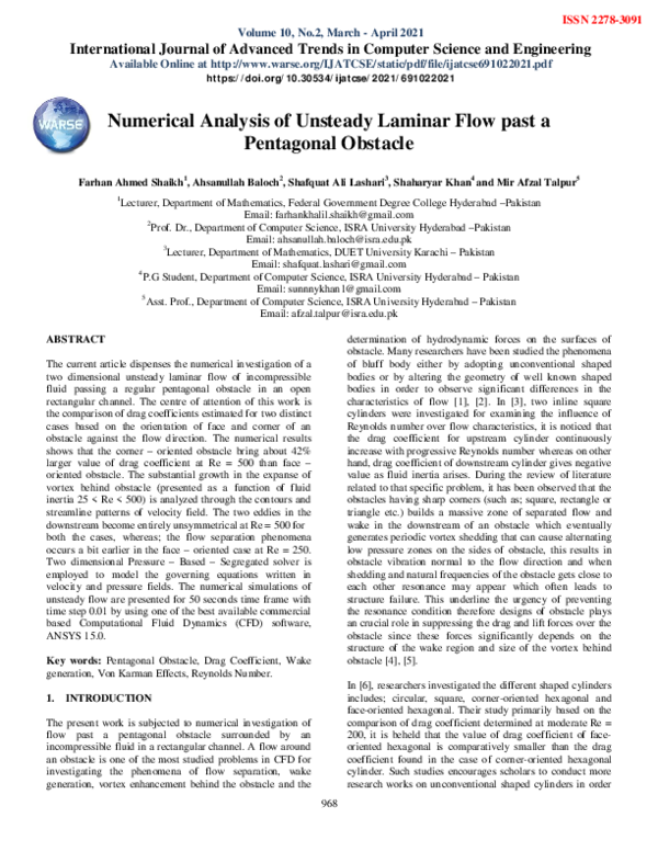 (PDF) Numerical Analysis of Unsteady Laminar Flow past a Pentagonal ...