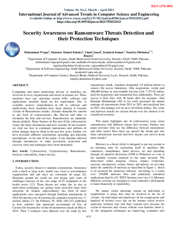 (PDF) Security Awareness on Ransomware Threats Detection and their ...