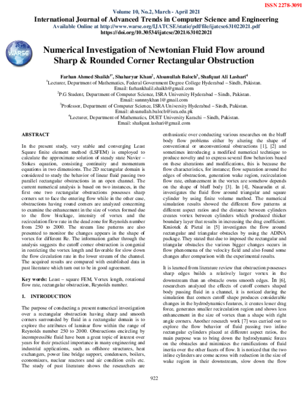 (PDF) Numerical Investigation of Newtonian Fluid Flow around Sharp ...