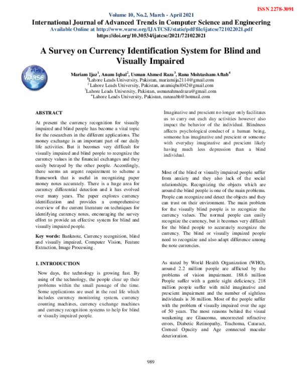 (PDF) A Survey on Currency Identification System for Blind and Visually