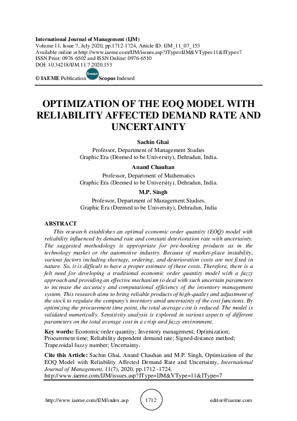 (PDF) OPTIMIZATION OF THE EOQ MODEL WITH RELIABILITY AFFECTED DEMAND ...