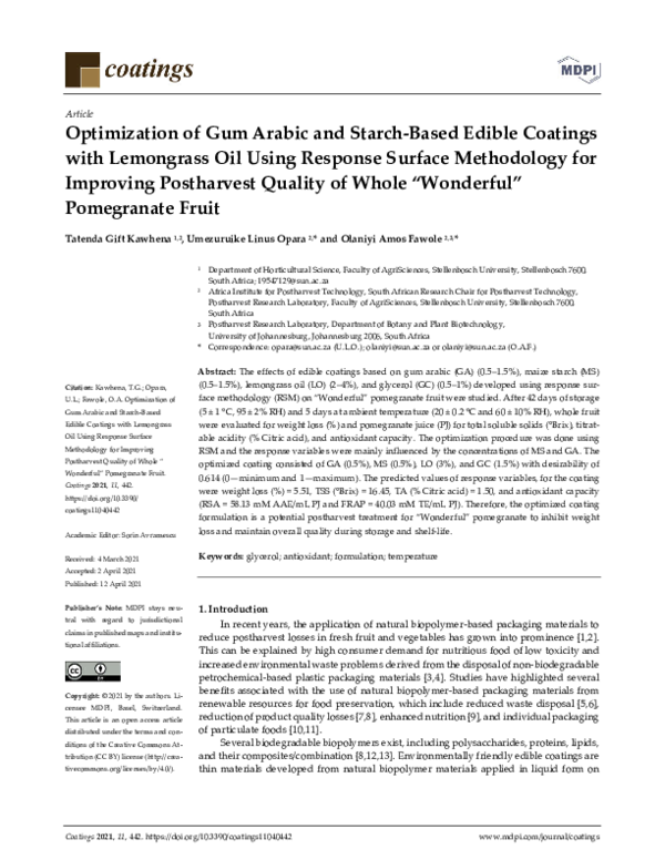 (PDF) Optimization of Gum Arabic and Starch-Based Edible Coatings with ...