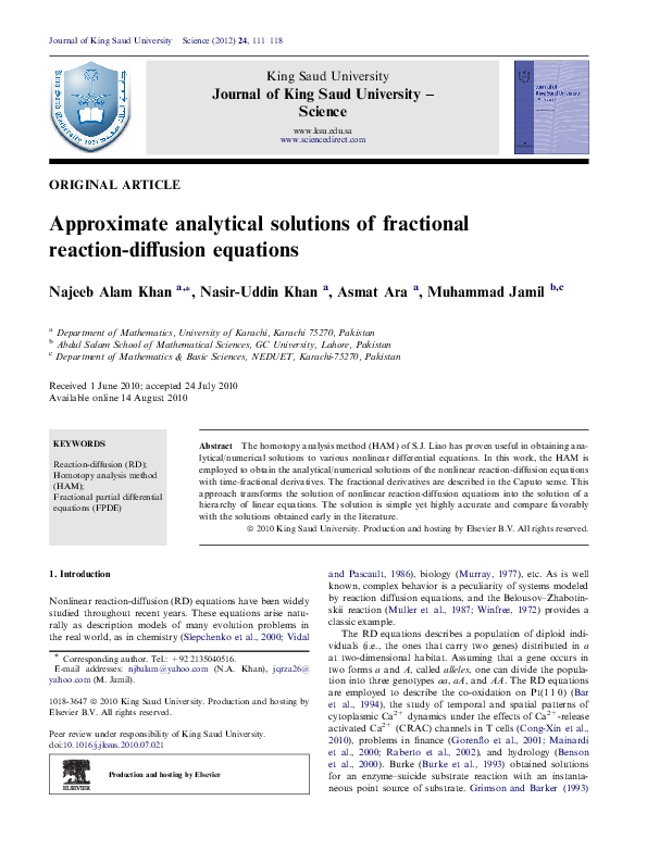 (PDF) Approximate analytical solutions of fractional reaction-diffusion ...