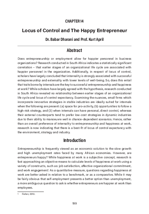 (PDF) Locus of Control and The Happy Entrepreneur